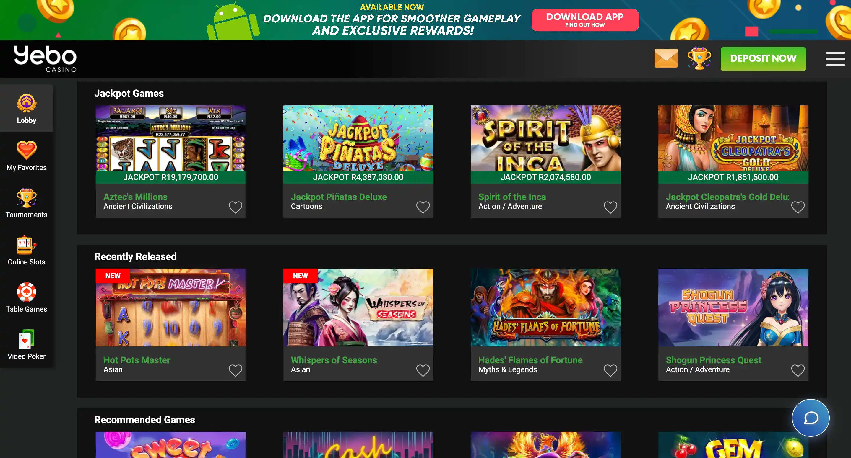 Yebo Casino Home Page