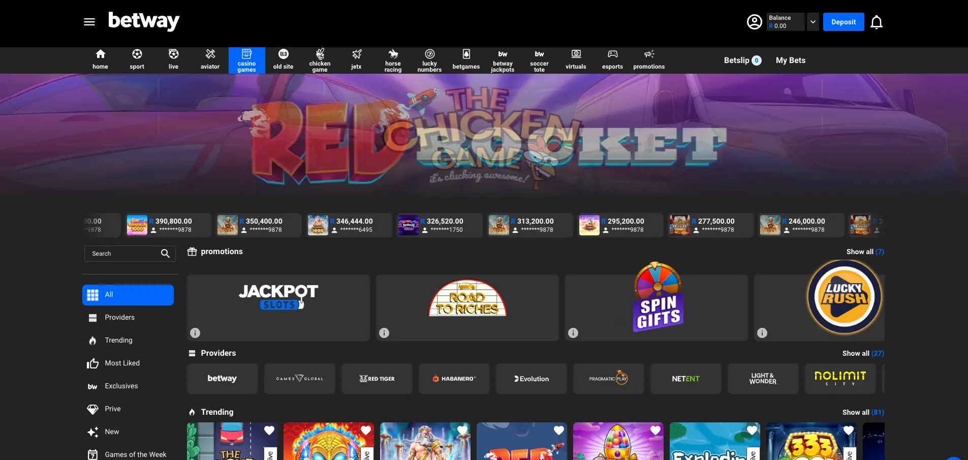 Betway Casino Casino Games Page