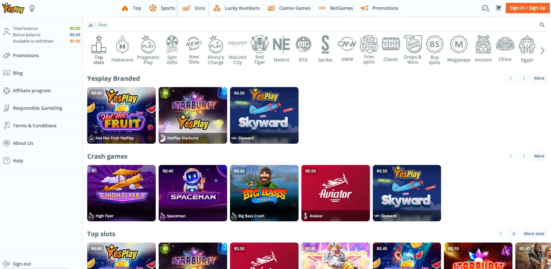 YesPlay Casino Slots Page