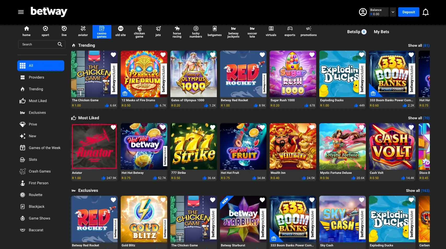 Betway Casino Slots Page