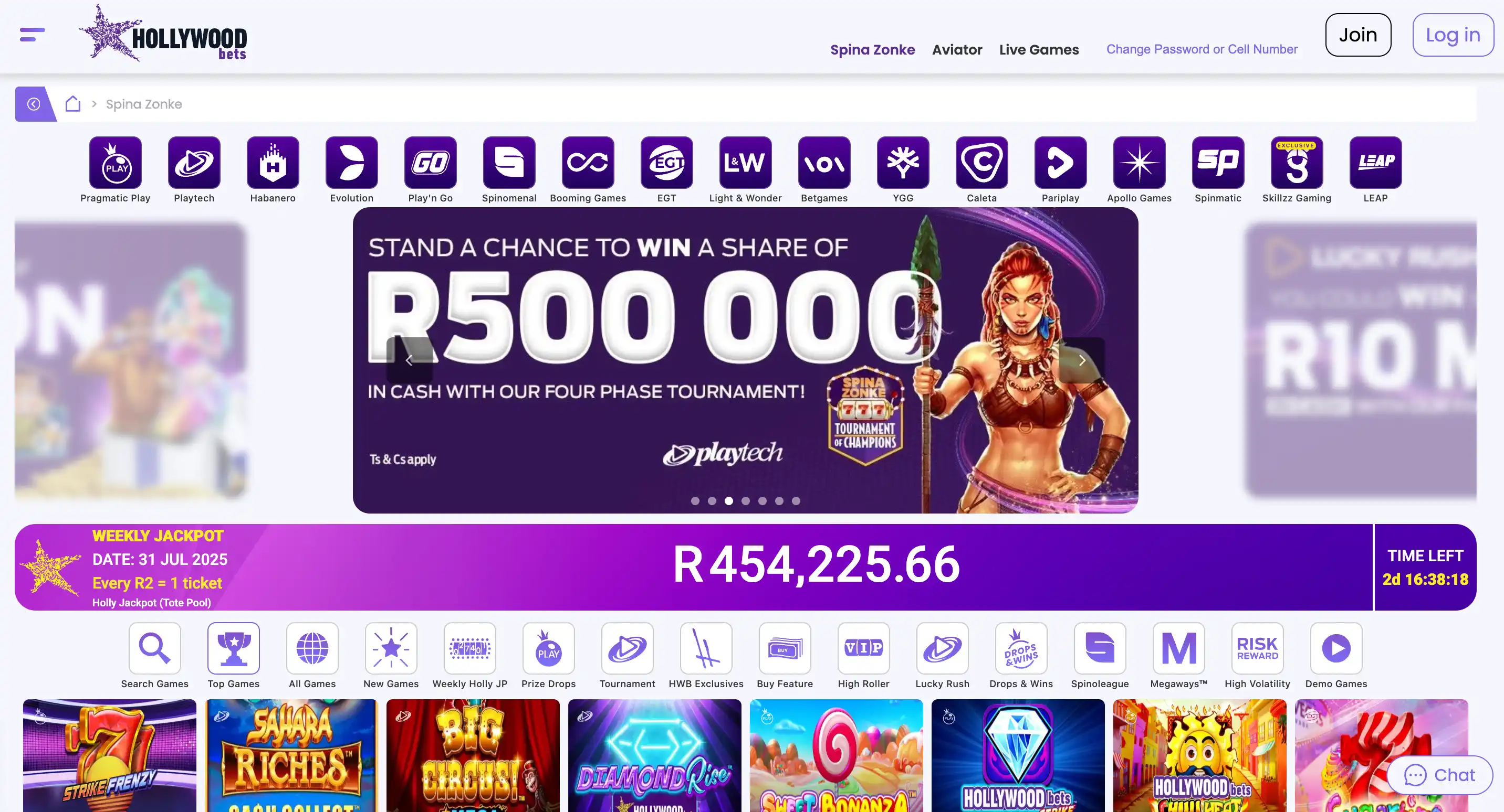 Hollywood Bets casino website spina-zonke page.