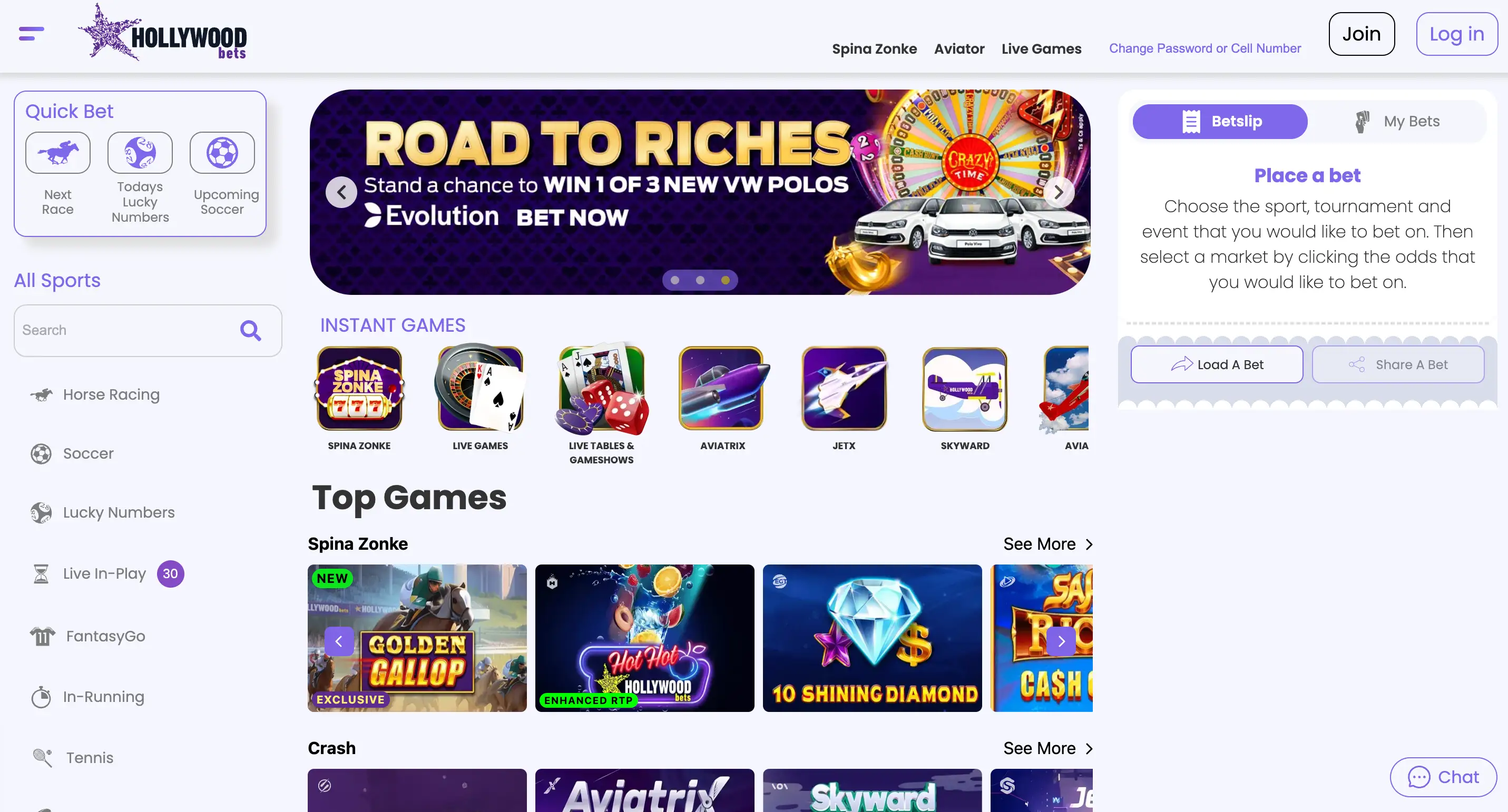 Hollywood Bets casino website home page.